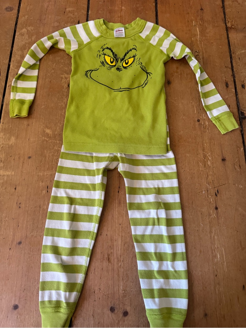 Hanna Andersson Lime Green Grinch Face Striped Pajama Set